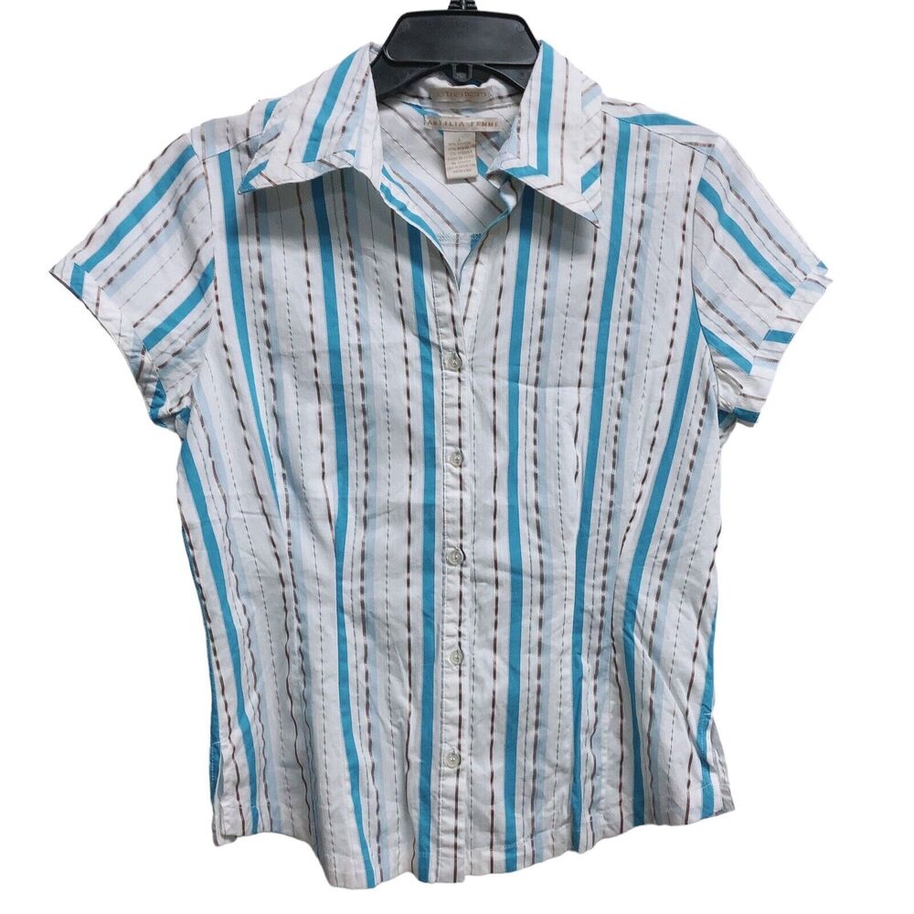 Antilia Femme Womens Large‎ Shirt Button Down Blouse White Blue Stripes Stretch